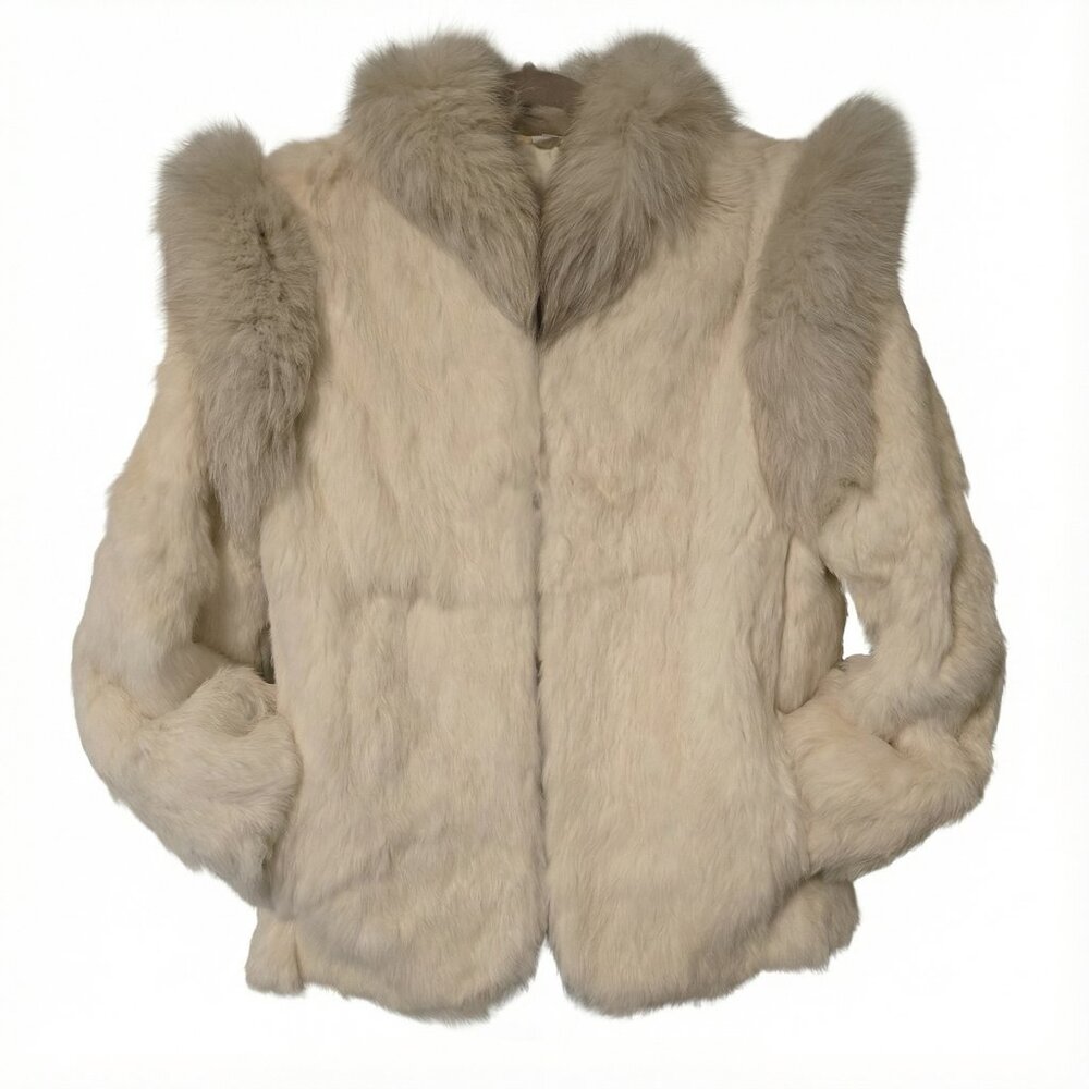 Vintage French White Rabbit Fur Jacket with Silver Fox Fur Trim